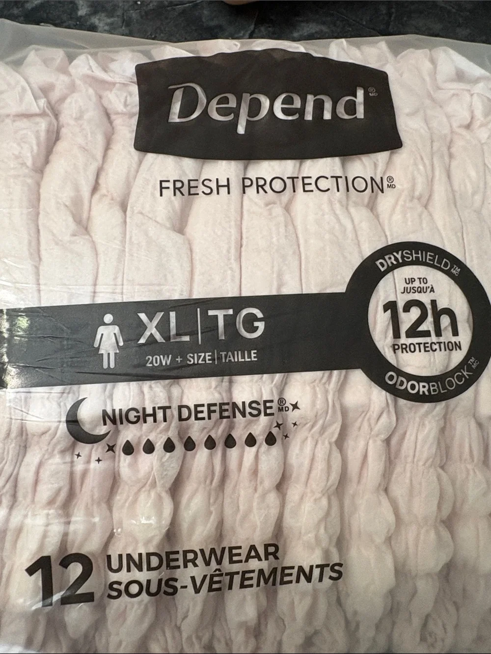 Depends XL woman’s fresh protect pink 12 per pack